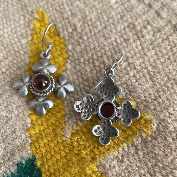 Silver and Burgundy Agate Stone Earrings - Picture 2 of 3